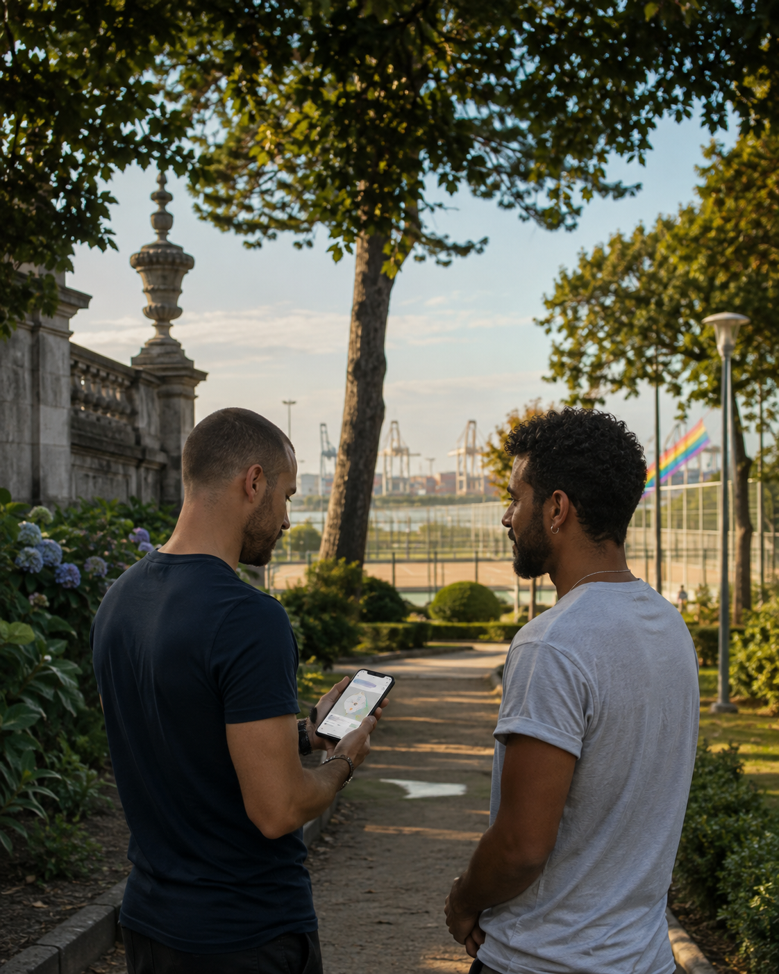 Homens adultos a conversar no Parque da Quinta da Conceição em Leça da Palmeira
