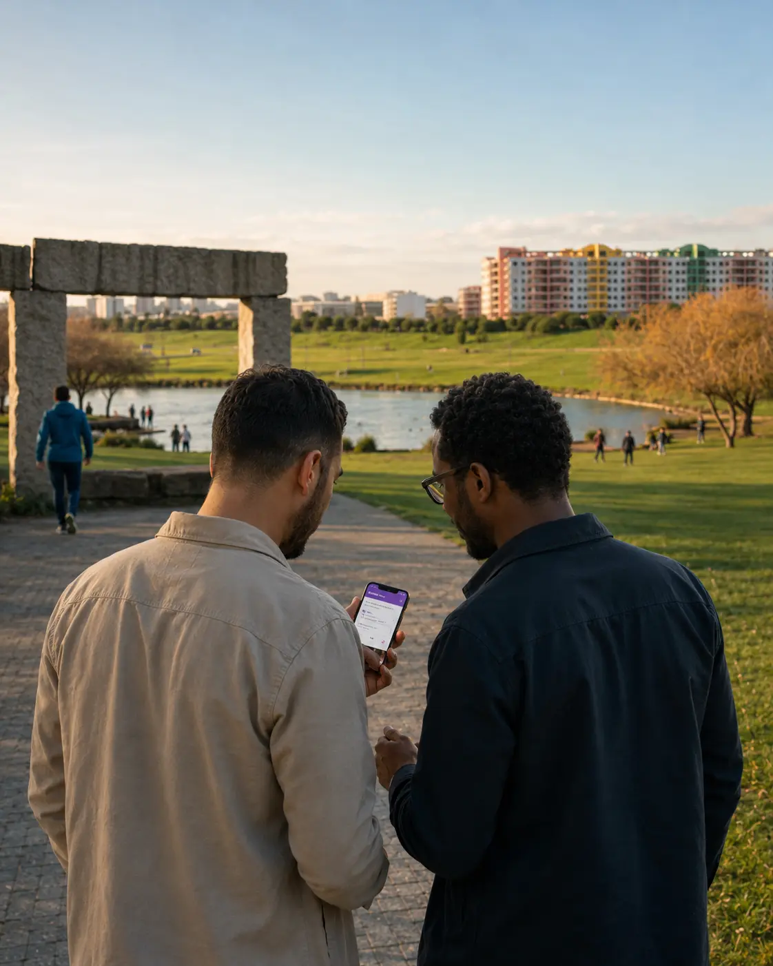 Dois homens adultos a conversar no Parque da Paz, em Almada