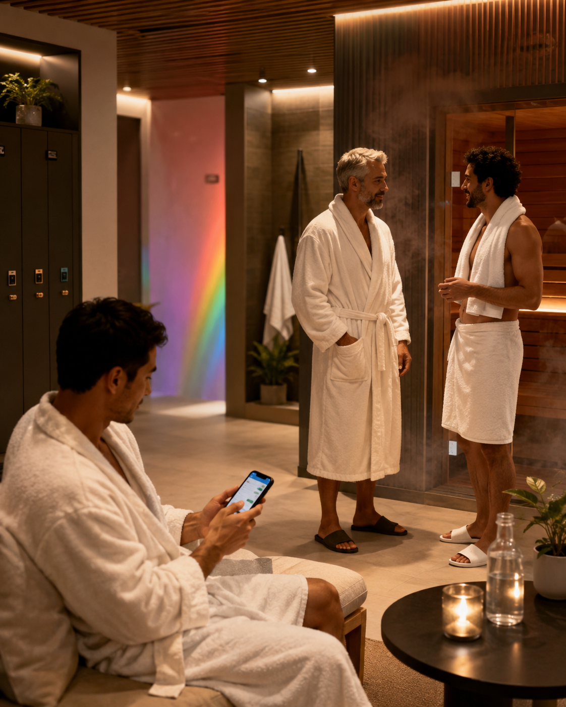 Homens adultos numa sauna gay moderna em Lisboa