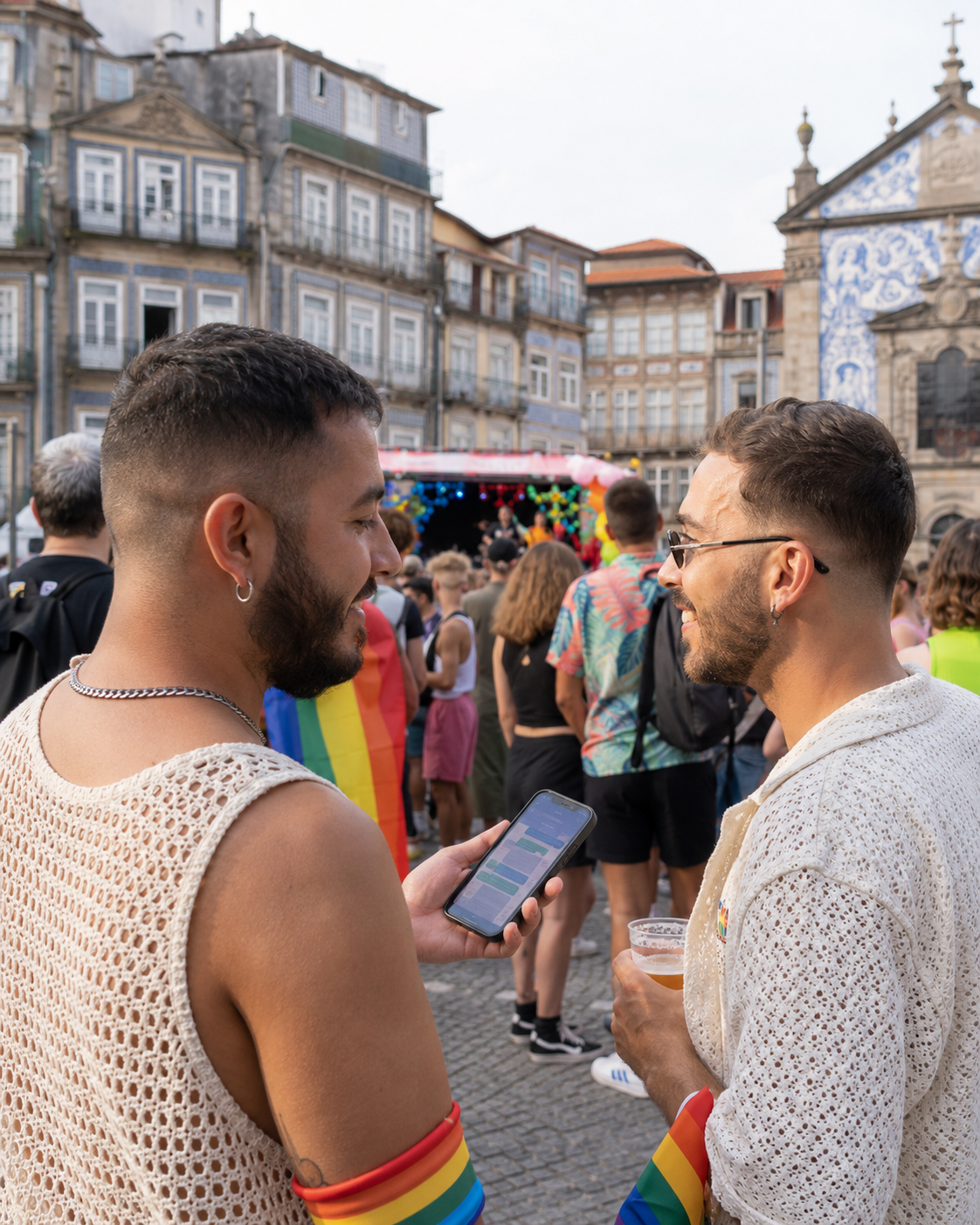 Adultos LGBTQIA+ numa celebração de Pride na cidade do Porto